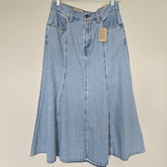 NWT Levi's Cotton Fit and Flare Denim Midi Skirt 90s Y2K Light Wash 28 - Picture 1 of 8